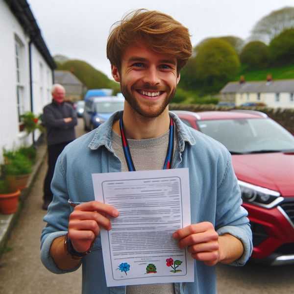 Happy motorist holding insurance documents in the car