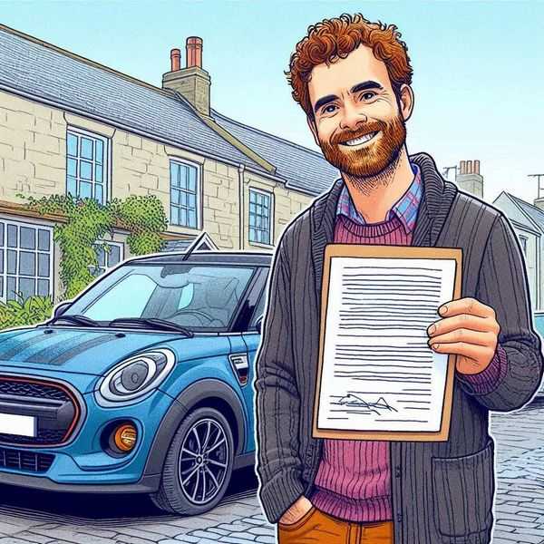 Hands holding policy papers inside a modern vehicle